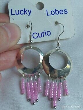 Handmade Pink Beaded Fringe Hoop Dangle Earrings
